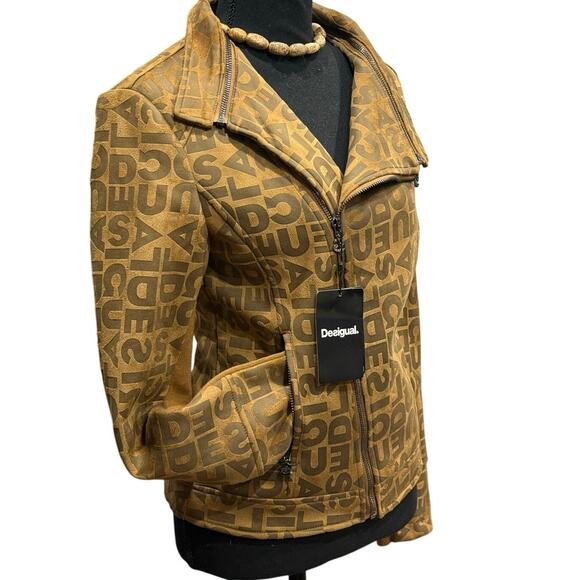 NWT Desigual Chaq_Lou Brown Logo Print Faux Suede Moto Jacket Size 40 (M) - Picture 10 of 16